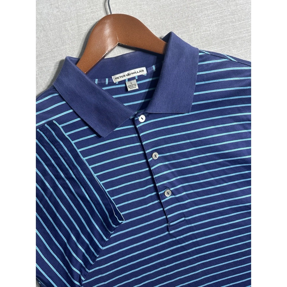 EUC Peter Millar Golf Polo Shirt Short Sleeve Men's Large Stripes Blue Stretch